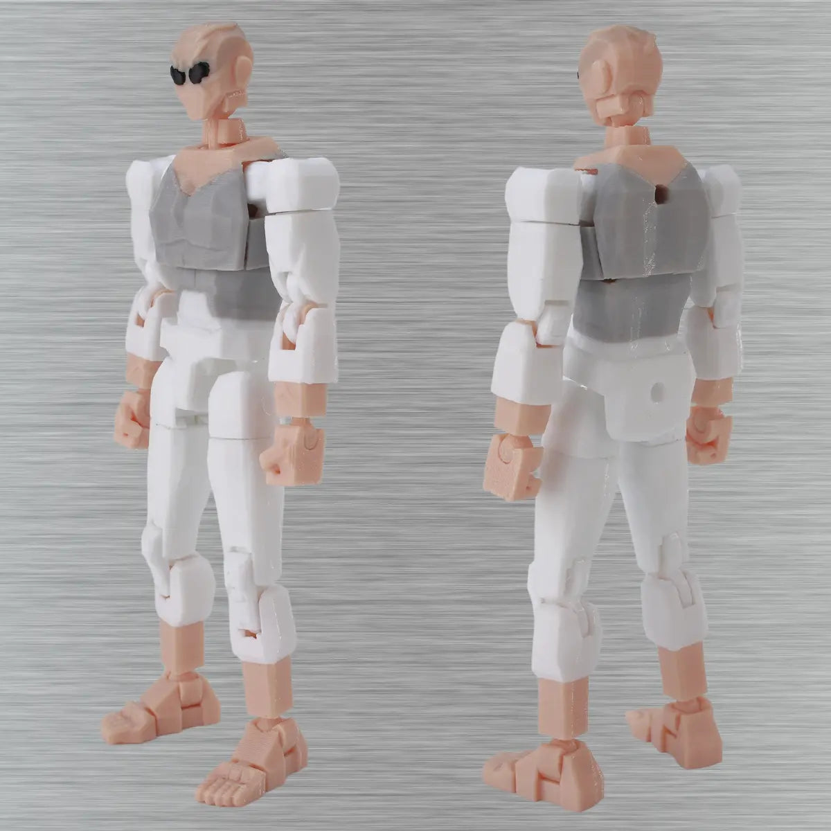 Two views of a humanoid robot model on a gray background