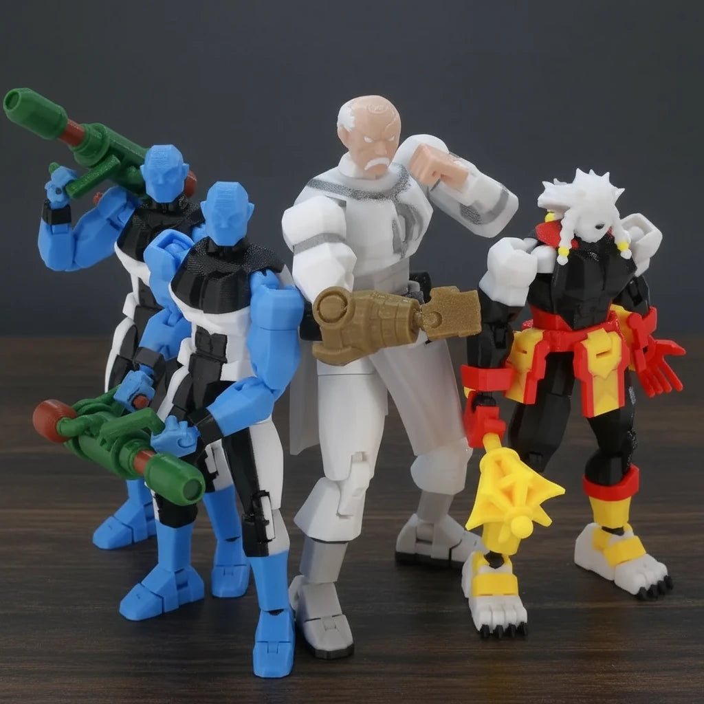 Four action figures with different poses and weapons on a striped background