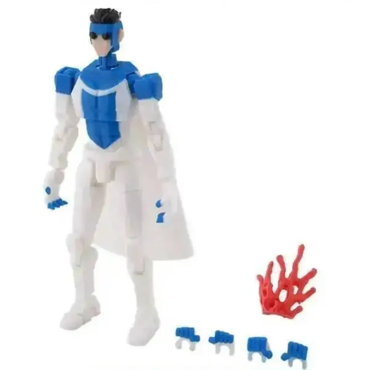 Toy figure with blue and white costume and accessories on a white background