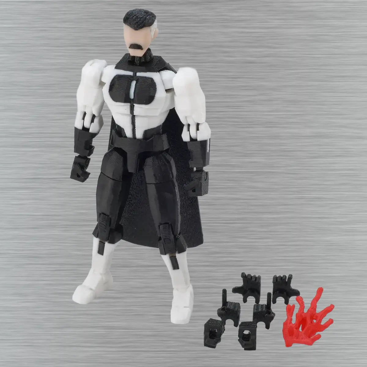 Action figure with additional parts on a textured gray background