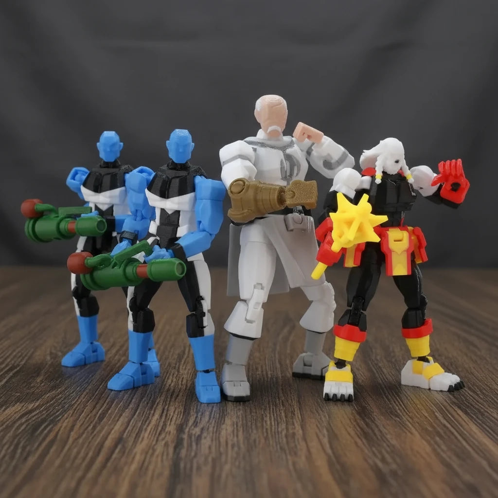 Four action figures with different color schemes and weapons on a gray background