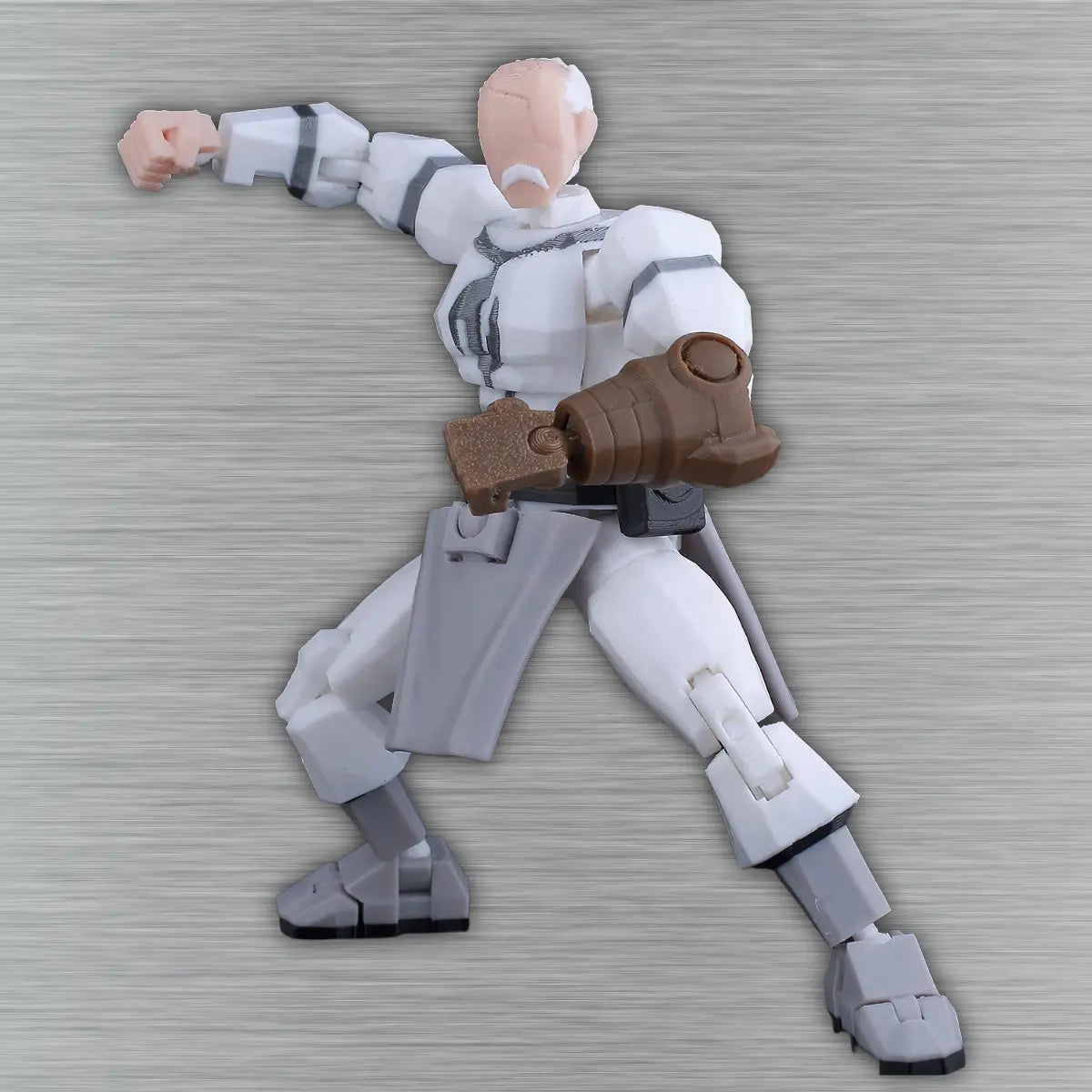 Action figure with a white and gray suit holding a brown weapon on a textured gray background