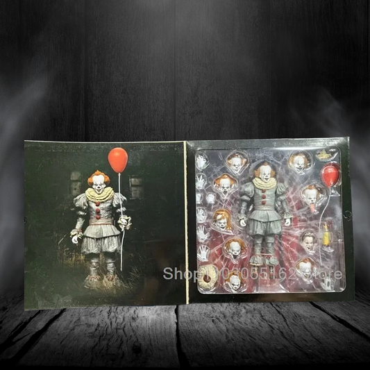 Two views of a collectible figure packaging featuring a character with a red balloon on a dark background.