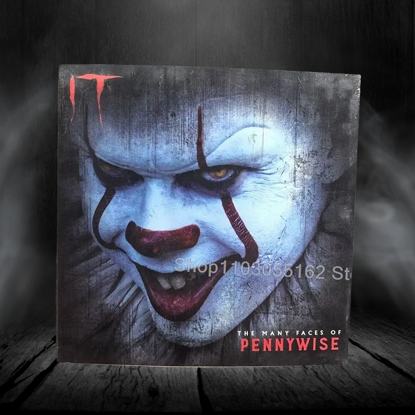 Stylized depiction of Pennywise the clown with a dark background