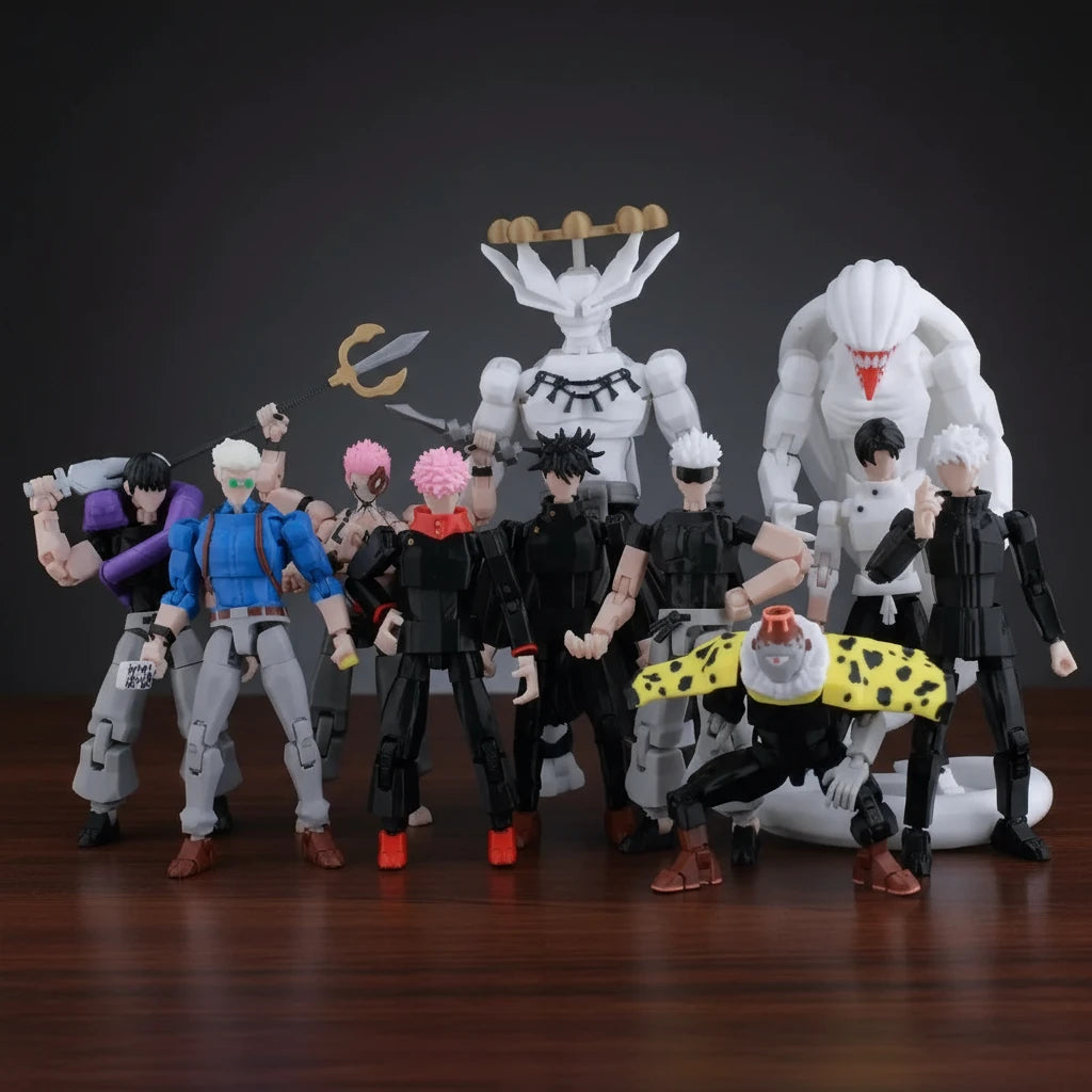 Collection of action figures on a textured gray background