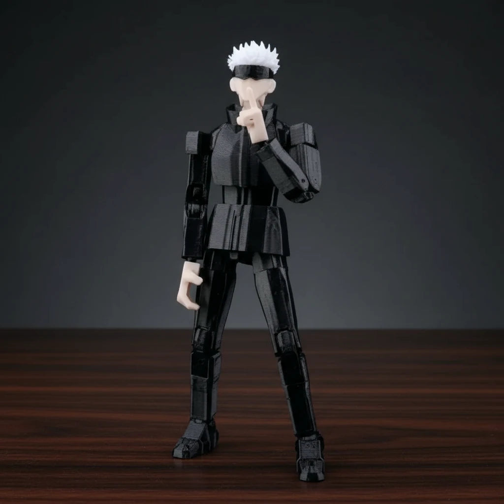 Action figure of a character in a black outfit with white hair on a gray background