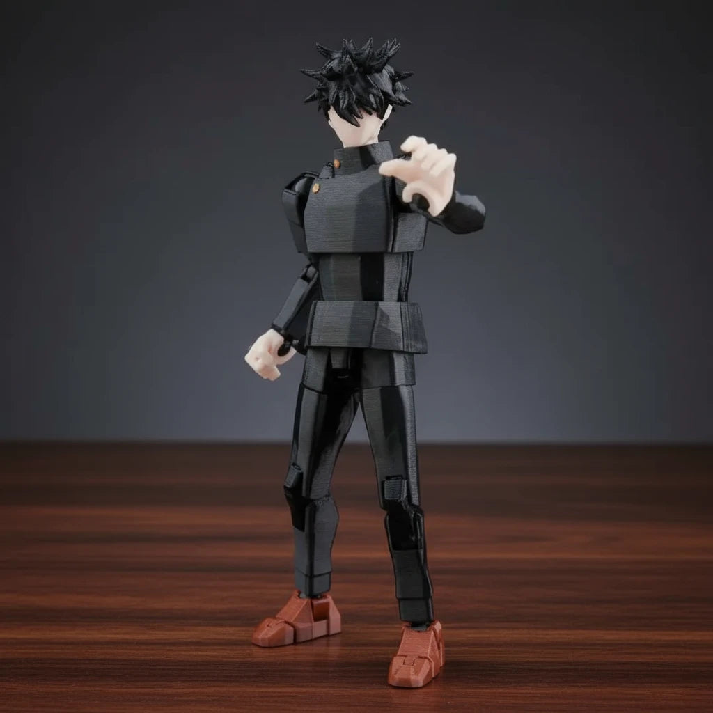 Action figure of an anime character in a black outfit with red shoes on a gray background
