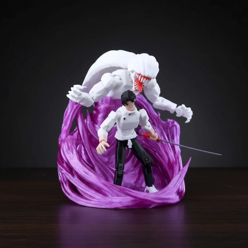 Action figure with a white creature and purple energy effect on a gray background