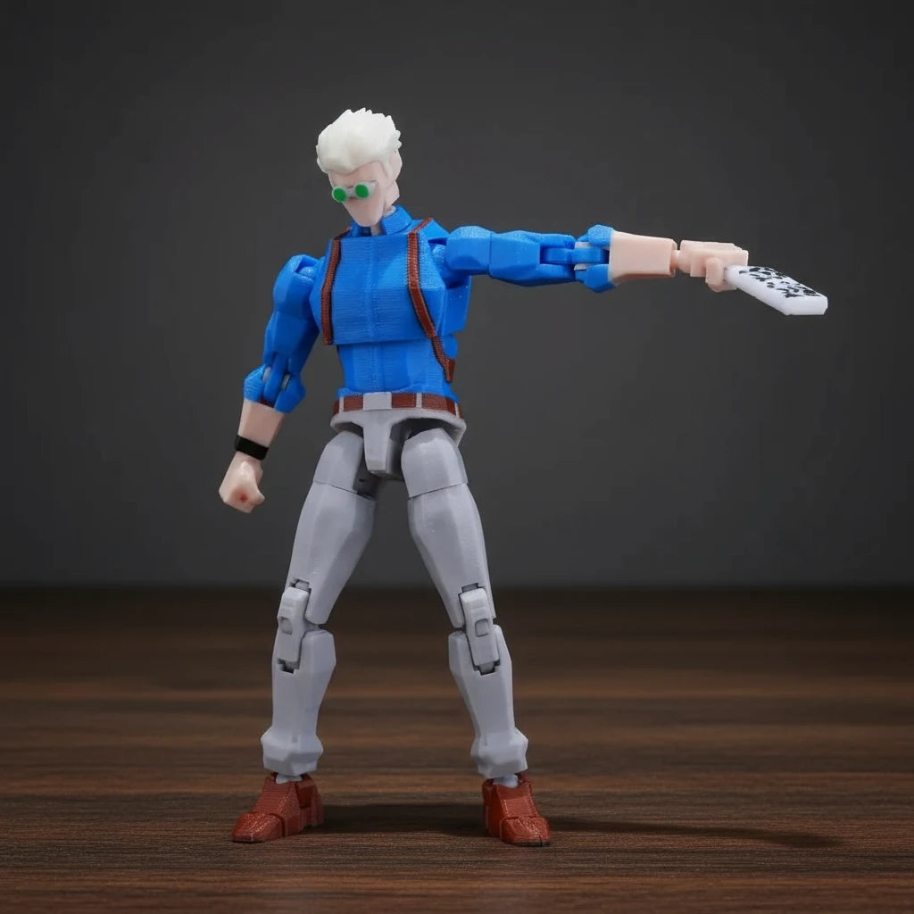 Action figure with blue shirt and gray pants on a textured gray background