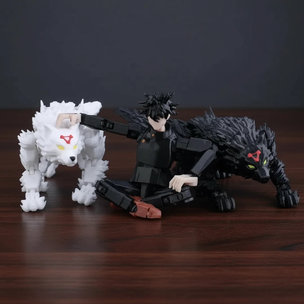 Action figure of a character with two wolf-like creatures on a textured gray background