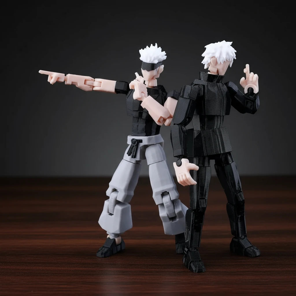 Two action figures in a dynamic pose against a textured gray background