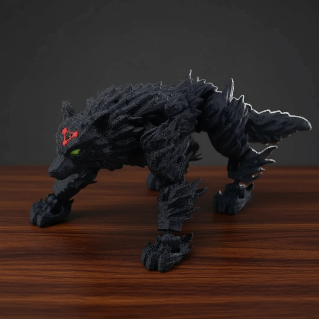Black wolf-like creature with red and green eyes on a textured gray background