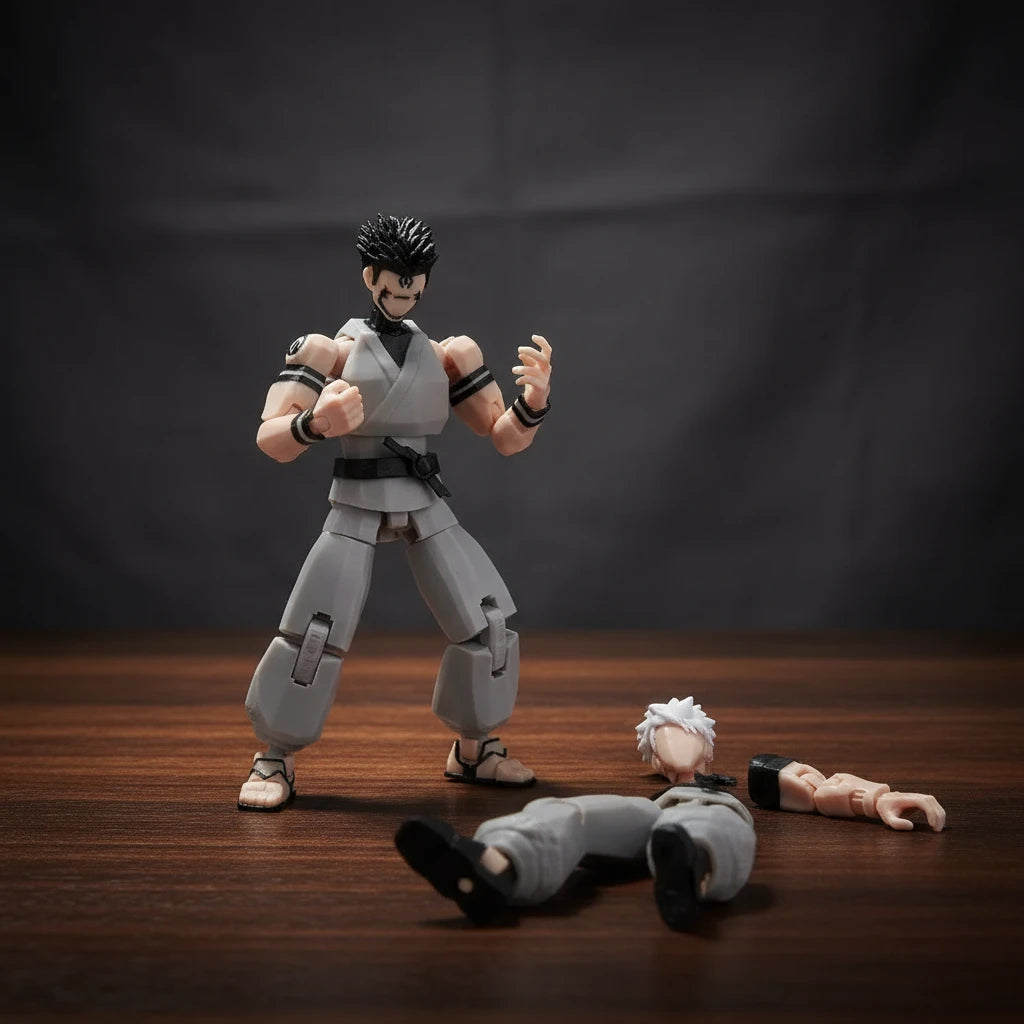 Action figure with detachable parts on a textured gray background