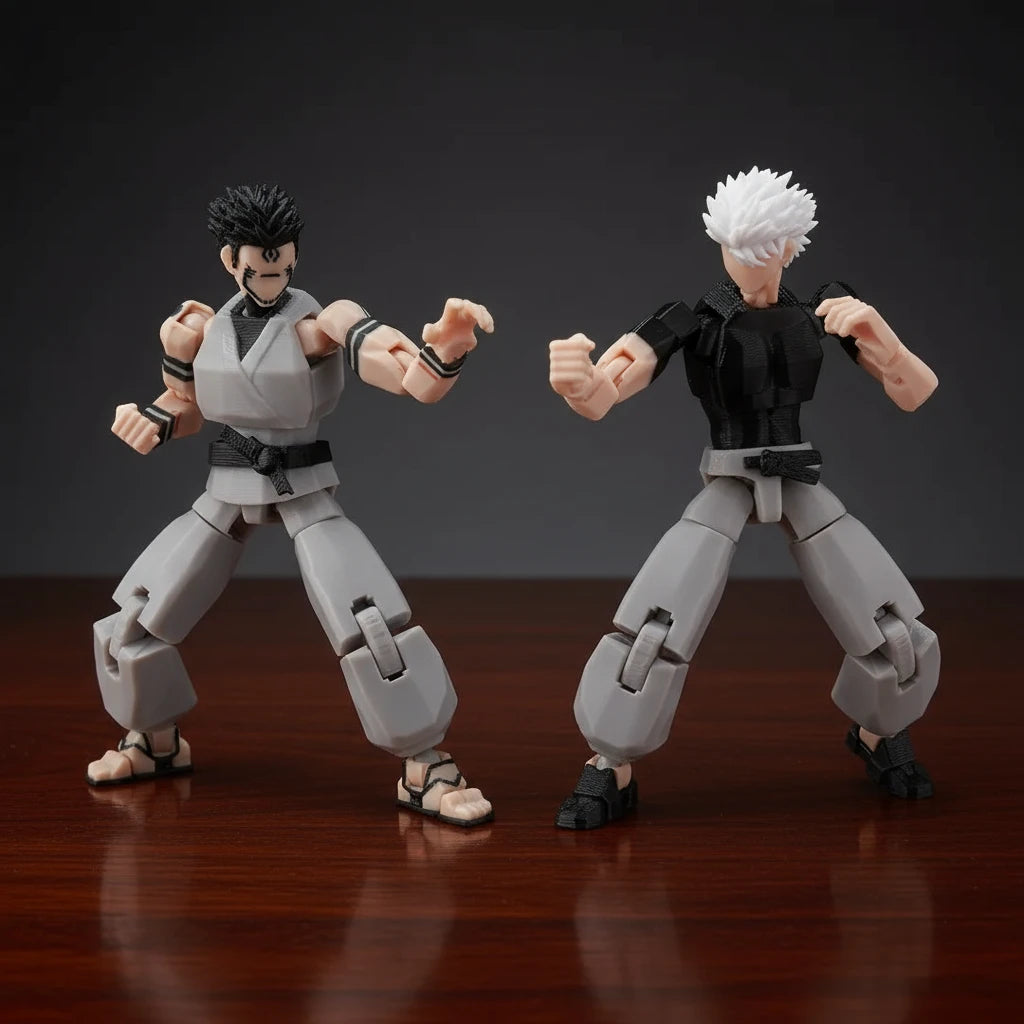 Two action figures on a textured gray background