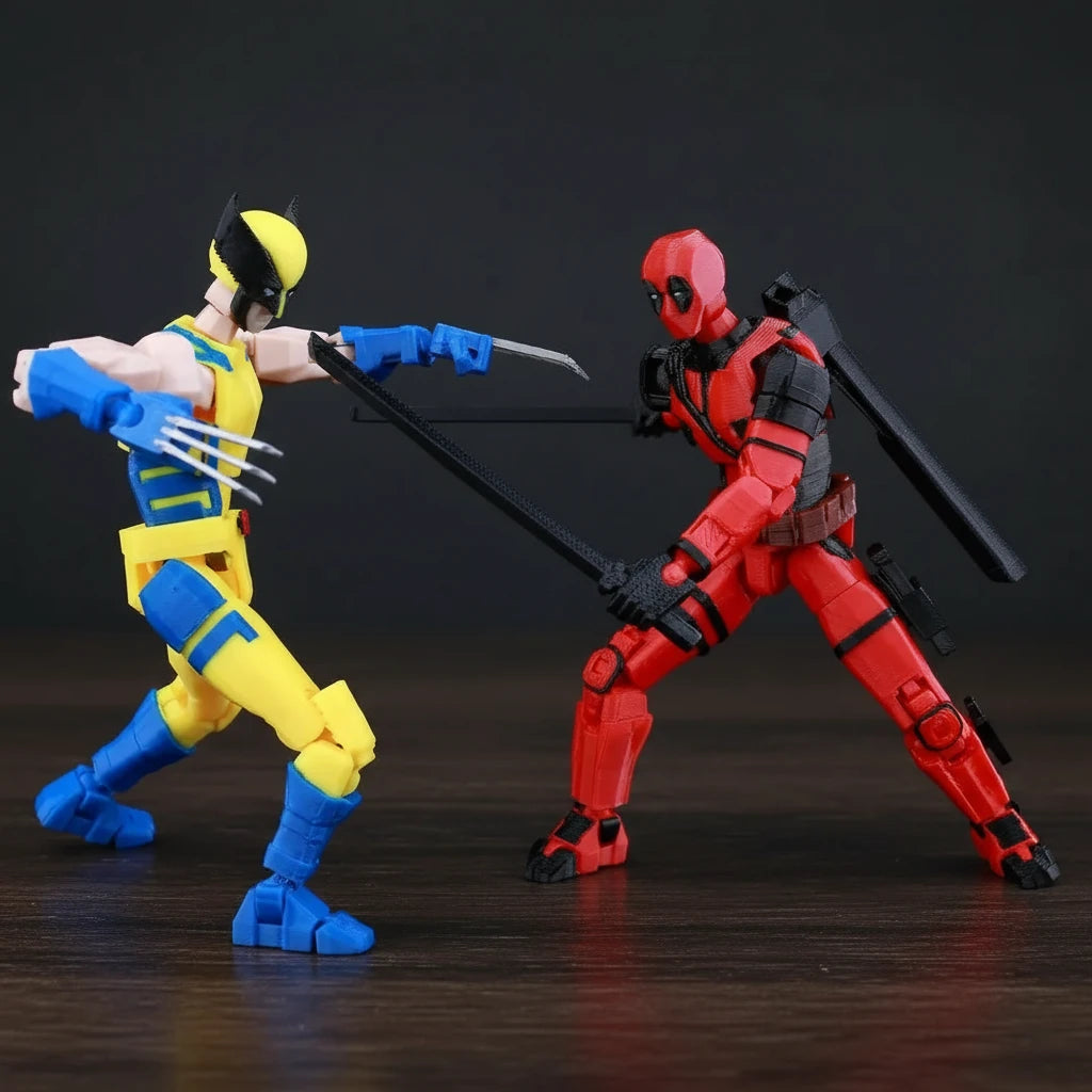 Two action figures, one in yellow and blue and the other in red and black, on a gray background.