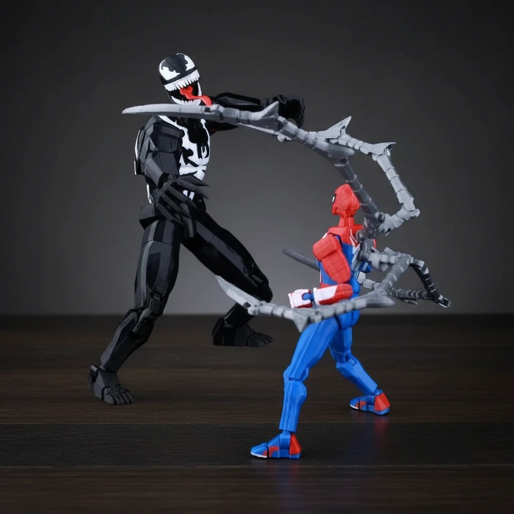 Two superhero action figures, one in black and white and the other in red and blue, on a textured gray background.