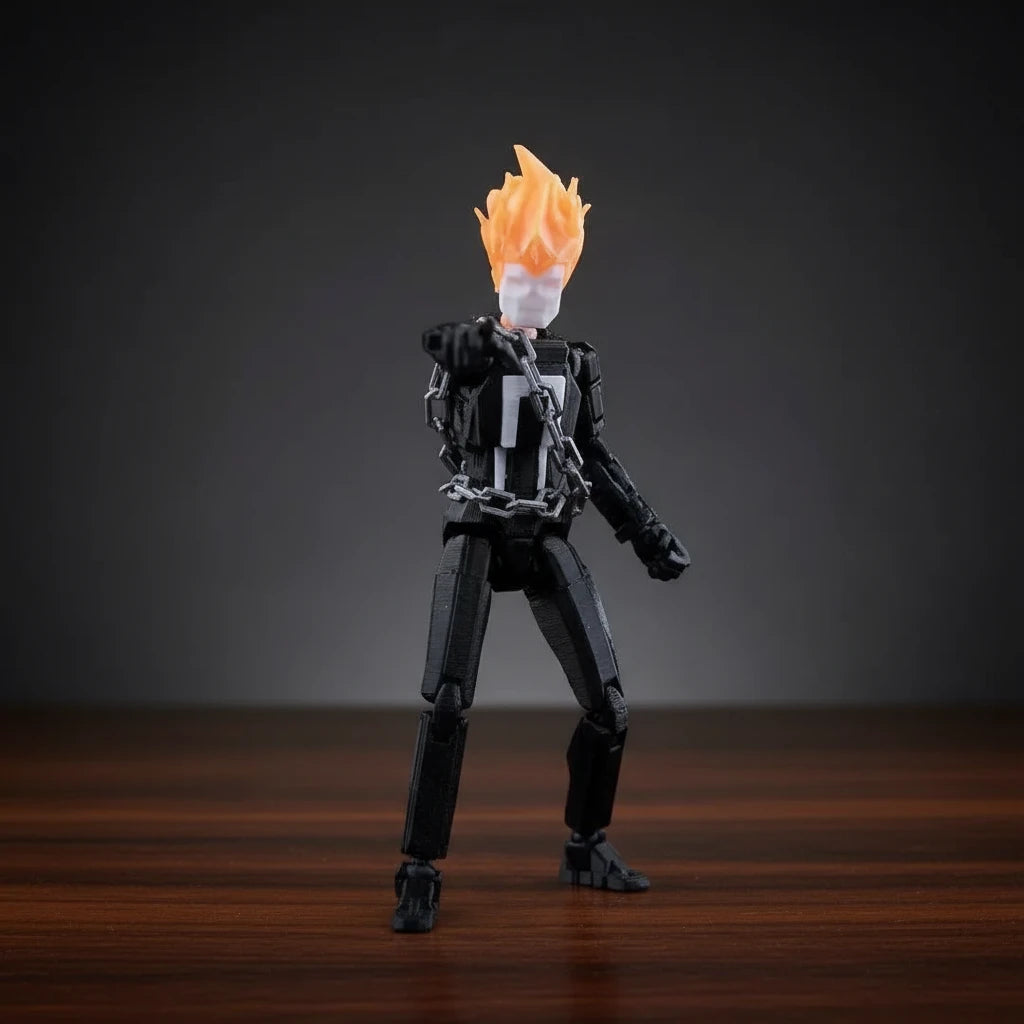 Action figure with a flaming head on a textured gray background