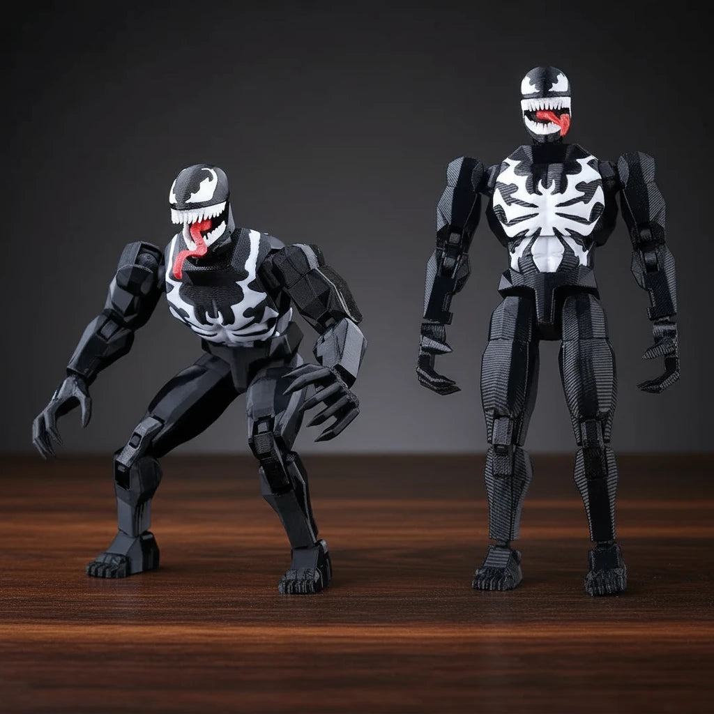 Two action figures with Venom design on a textured surface