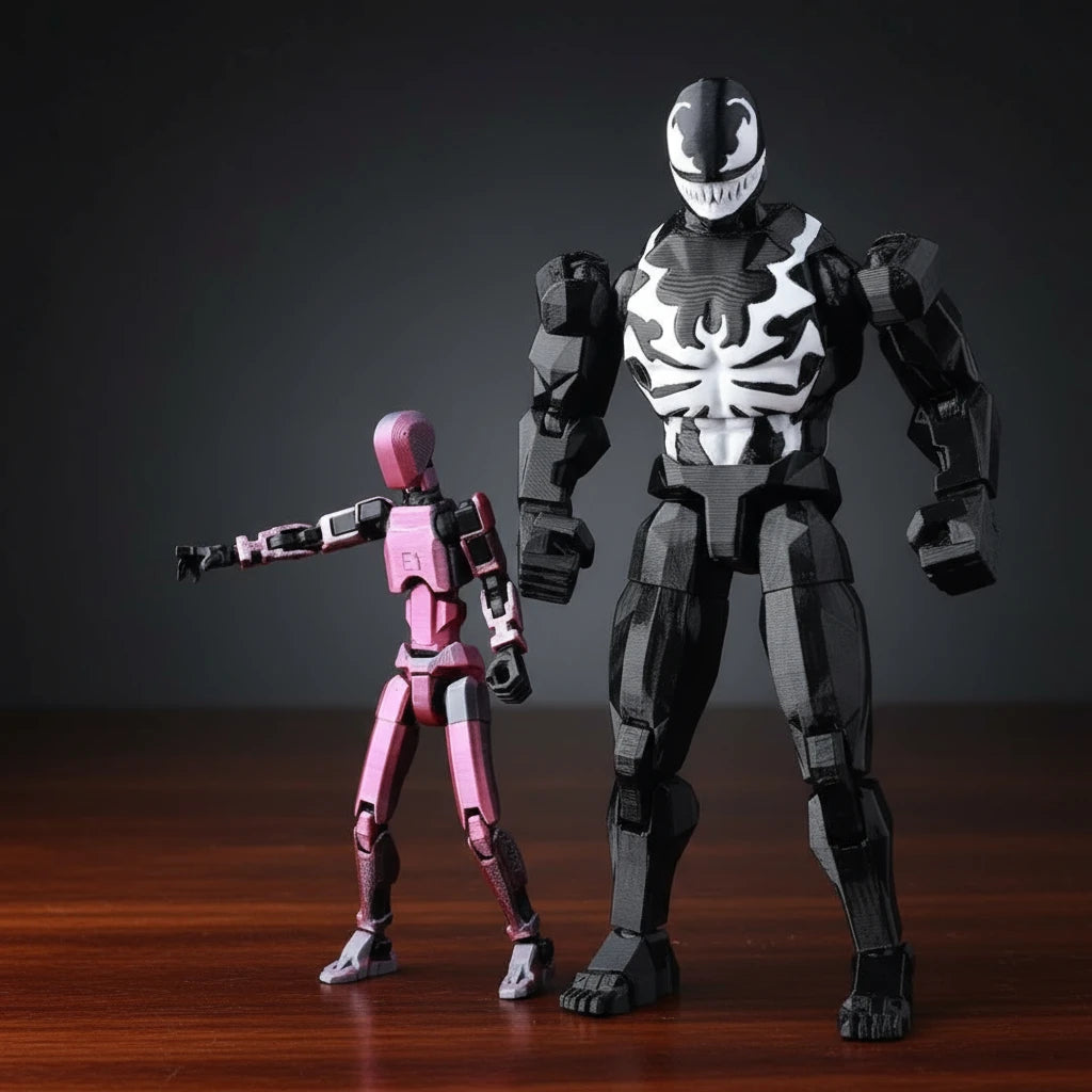 Two action figures, one pink and one black with white accents, on a textured gray background.