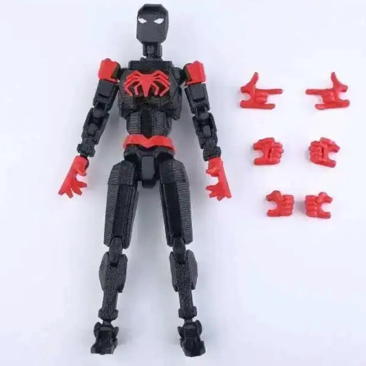 Black and red superhero action figure with interchangeable parts on a white background