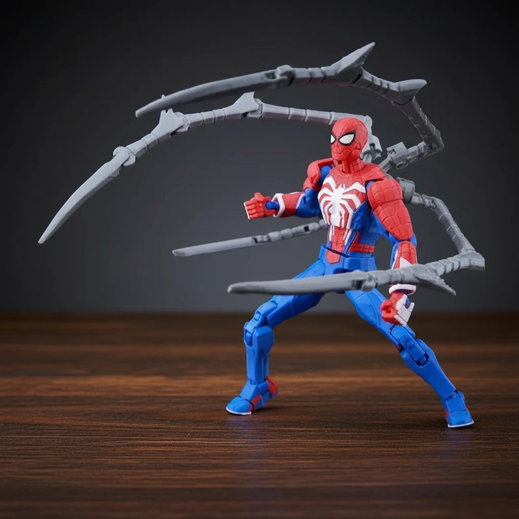 Spider-Man action figure with weapons on a textured gray background