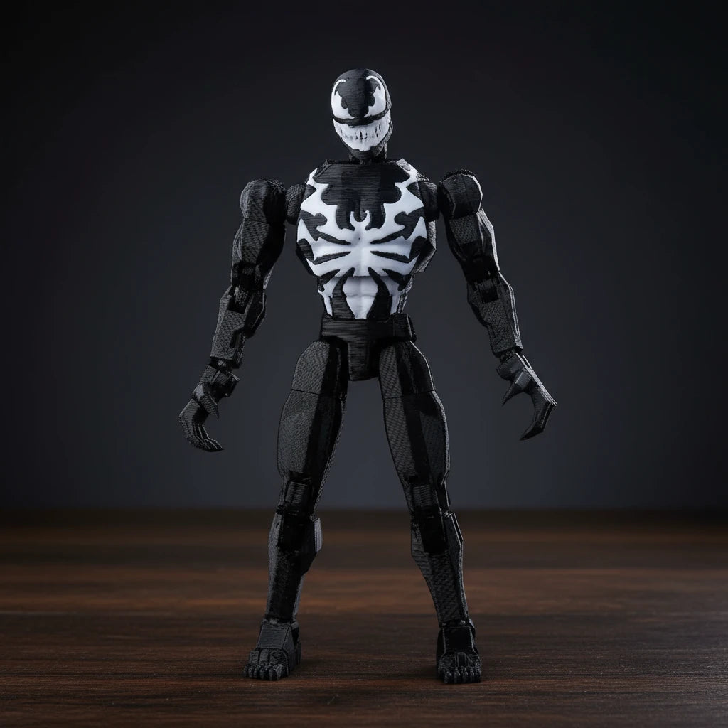 Black and white action figure on a textured gray background