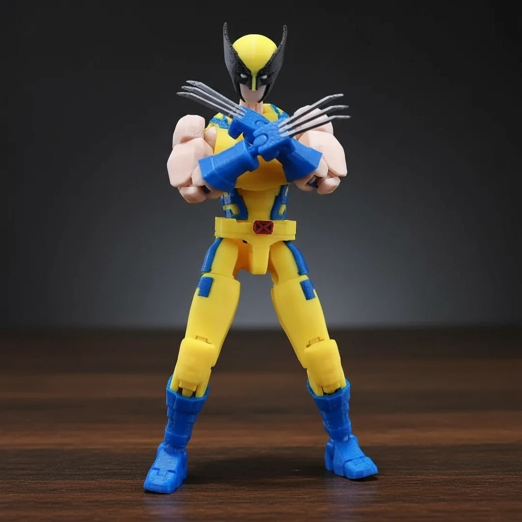 Action figure in yellow and blue costume with claws on a gray background