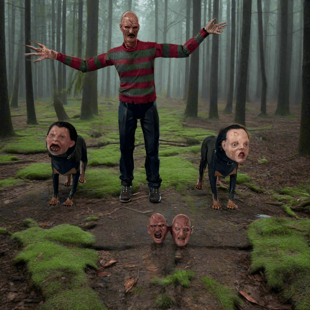 Person in striped sweater with two dogs in a forest setting