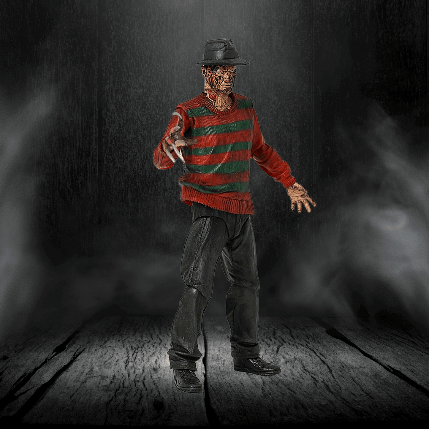 Horror character in a red and green striped sweater with a dark background