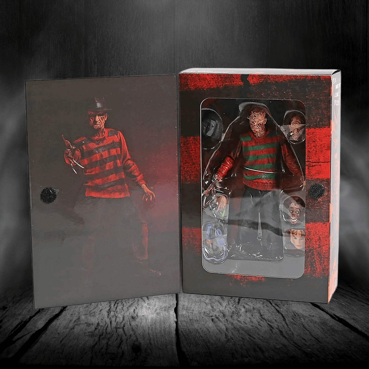 Action figure in a red and green plaid shirt with a dark background