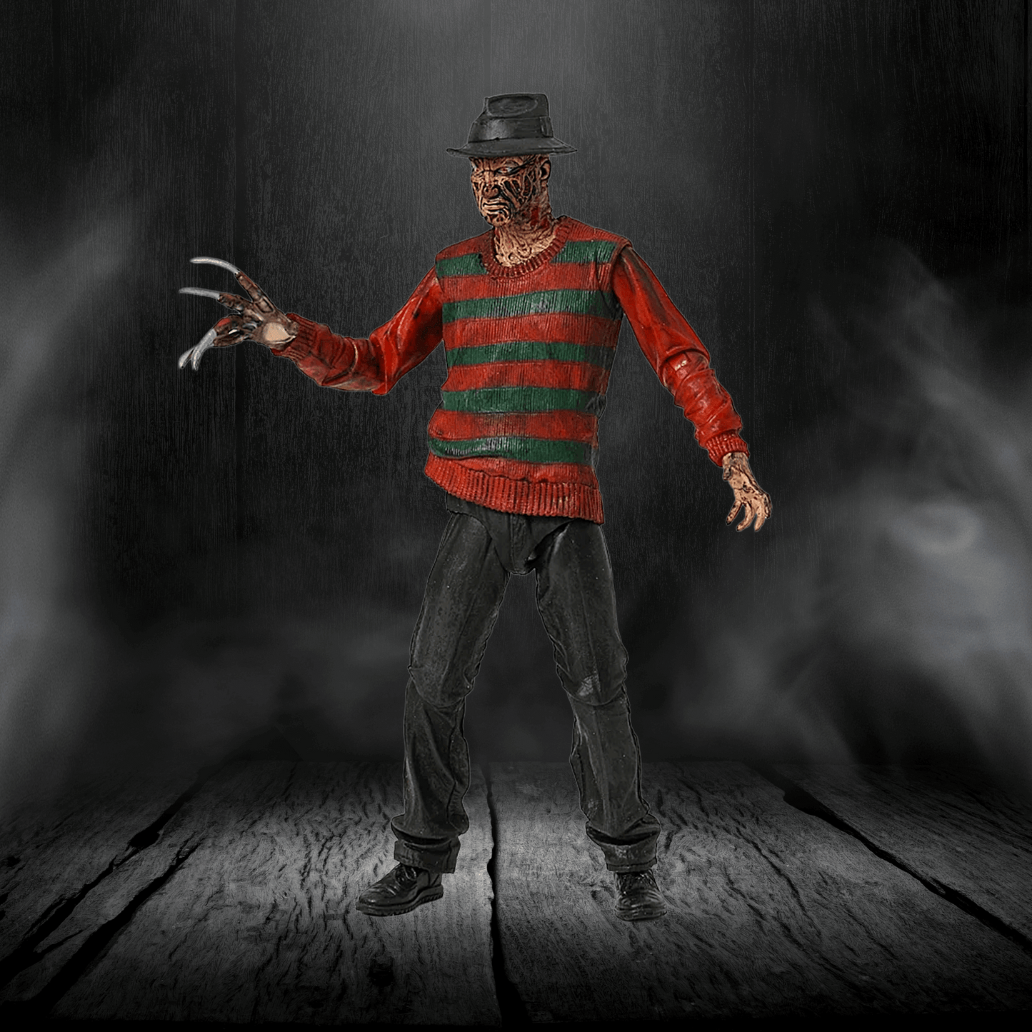 Horror character in a red and green striped sweater with a dark background