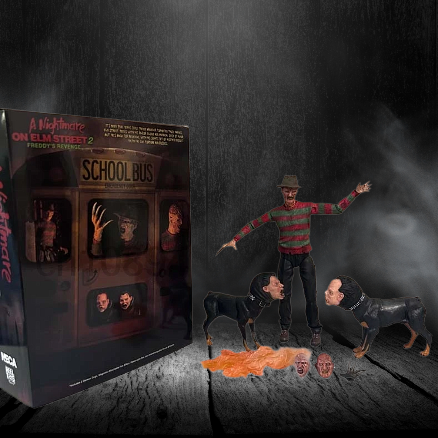 Action figure and packaging of 'A Nightmare on Elm Street' series on a dark background
