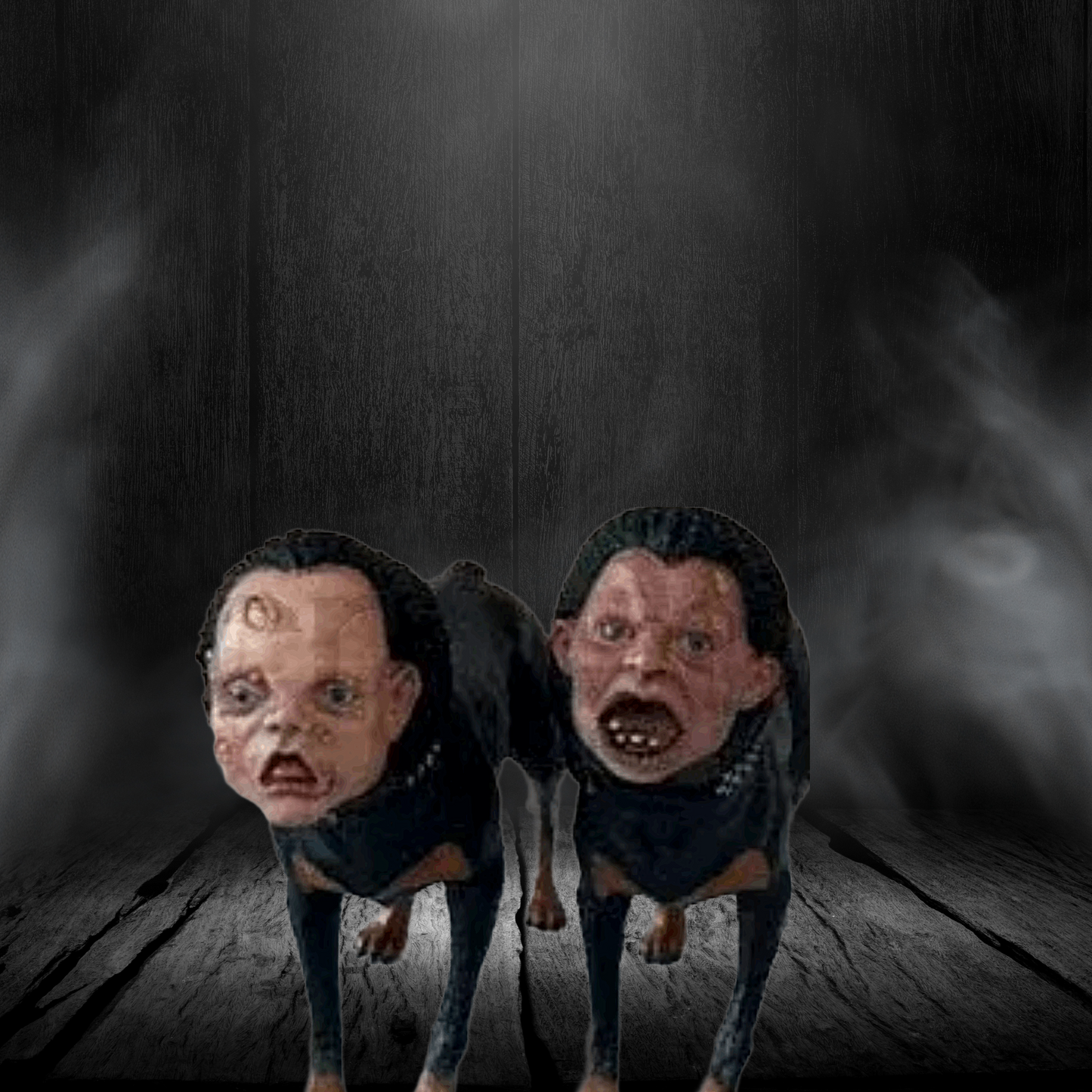 Two humanoid figures with exaggerated features on a dark background