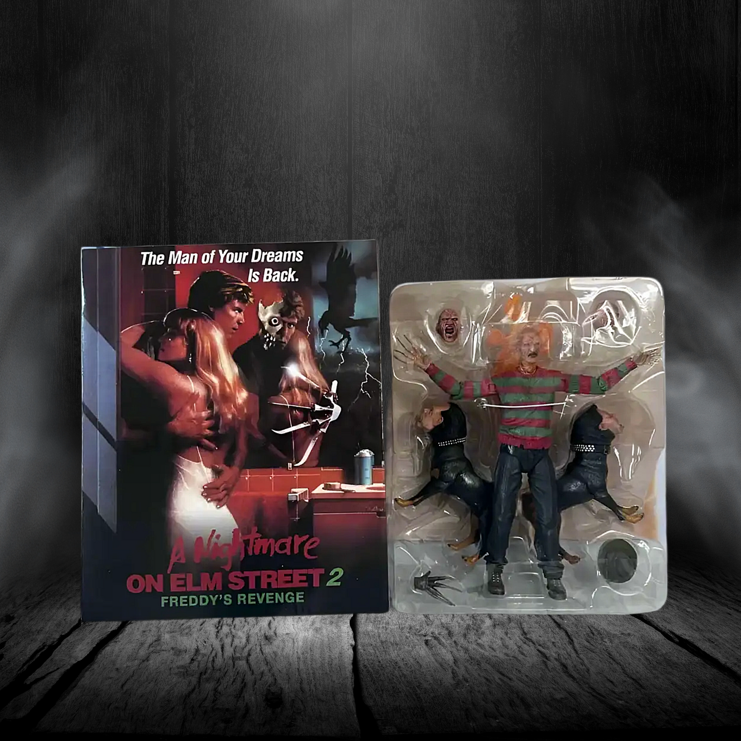 Freddy Krueger action figure from 'A Nightmare on Elm Street 2' with packaging on a dark background