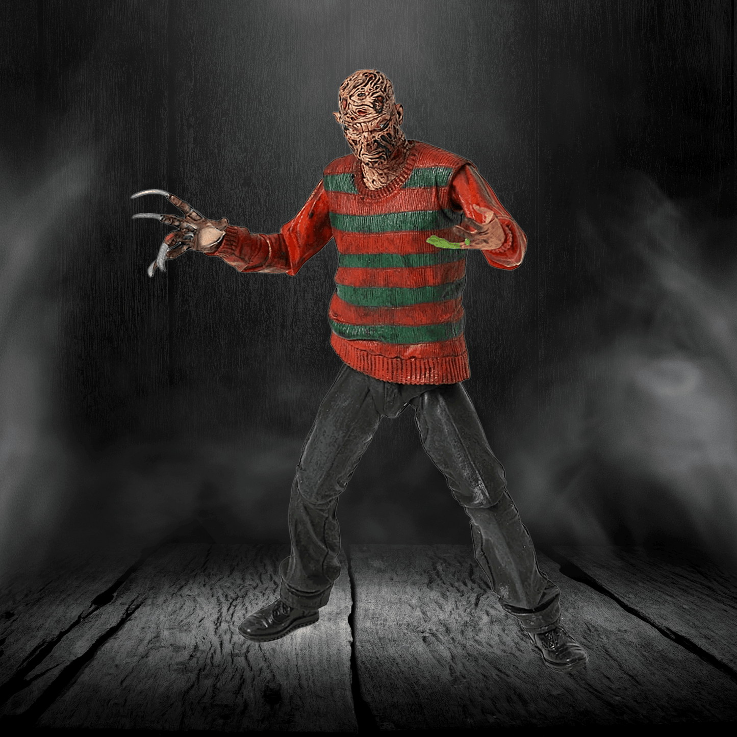 Figure in a red and green striped sweater with clawed hands on a dark background