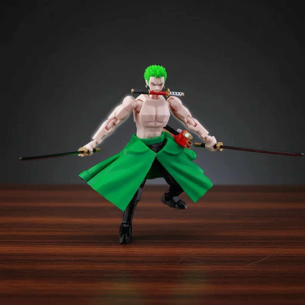 Action figure with green hair and outfit on a gray textured background