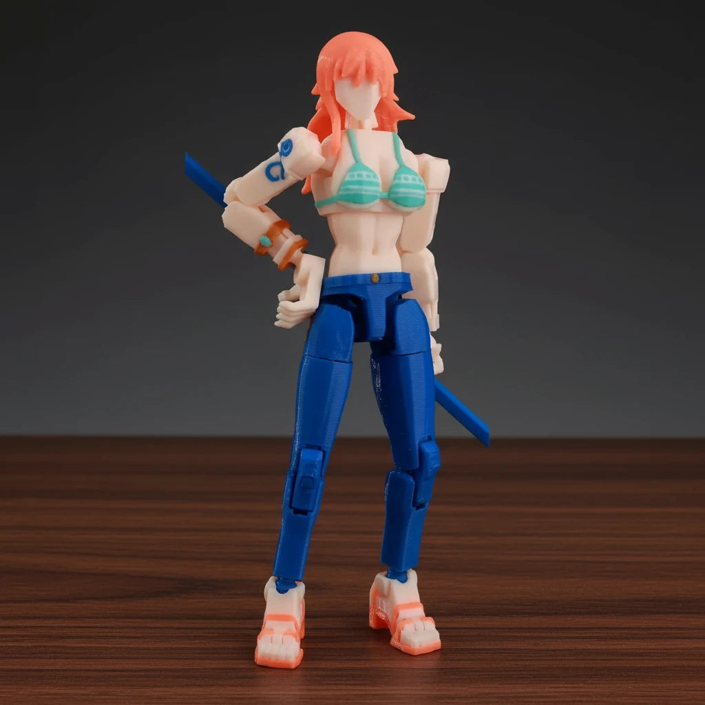 Action figure with red hair, green bikini top, and blue pants on a textured gray background