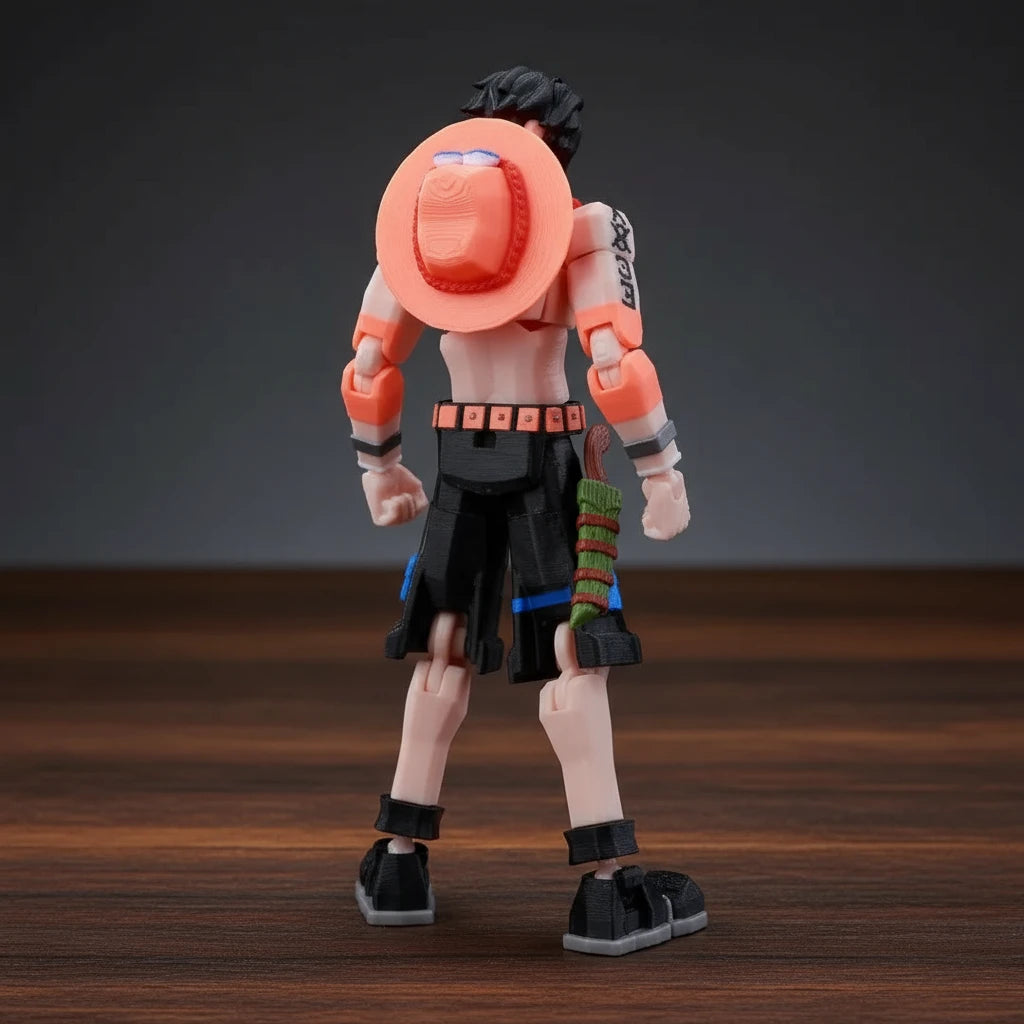 Action figure with colorful outfit and accessories on a textured gray background