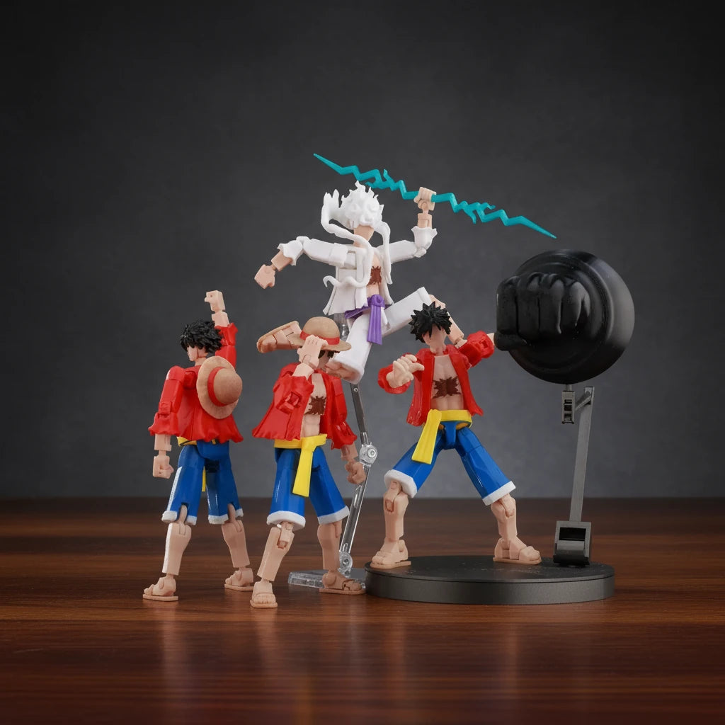 Action figures of characters from a popular anime series on a gray textured background