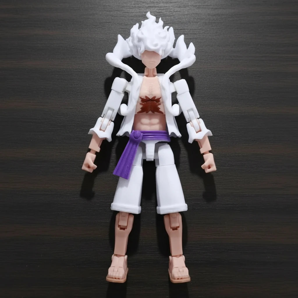 Action figure with white hair and a purple belt on a textured gray background