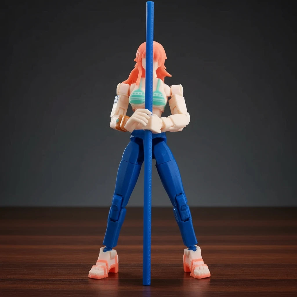 Action figure with blue hair and a blue pole on a textured gray background