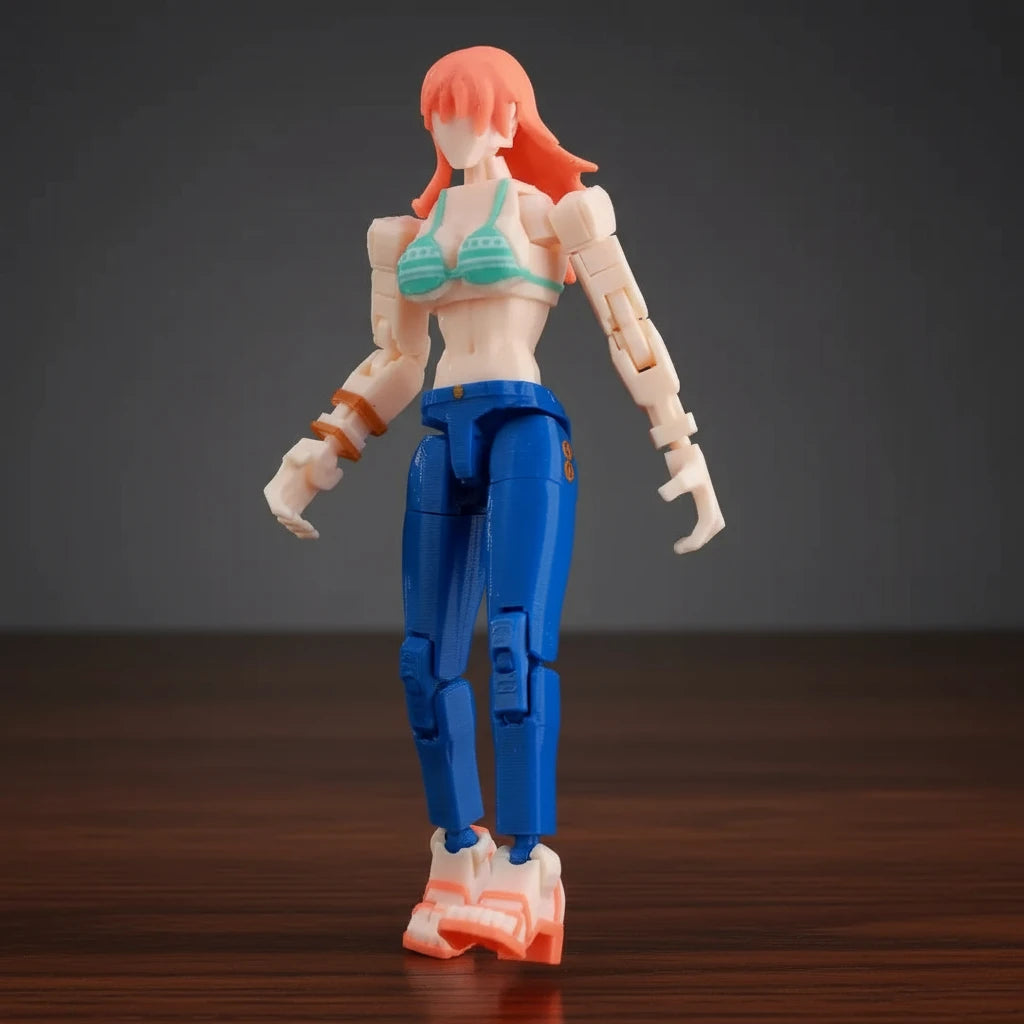 Action figure with red hair, blue pants, and a green top on a textured gray background
