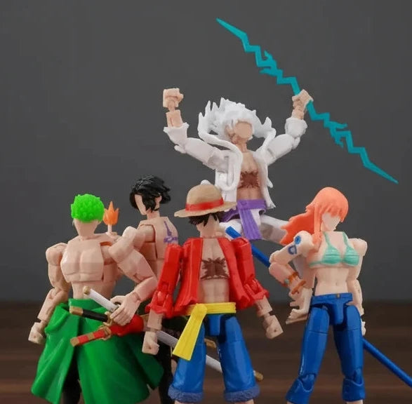 Set of colorful action figures on a textured gray background