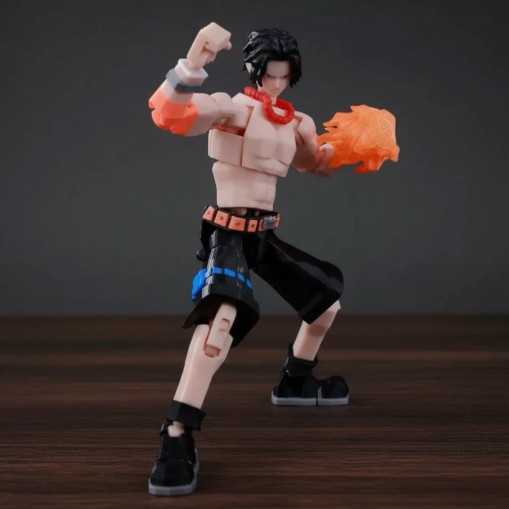 Action figure with orange gloves and shorts on a textured gray background