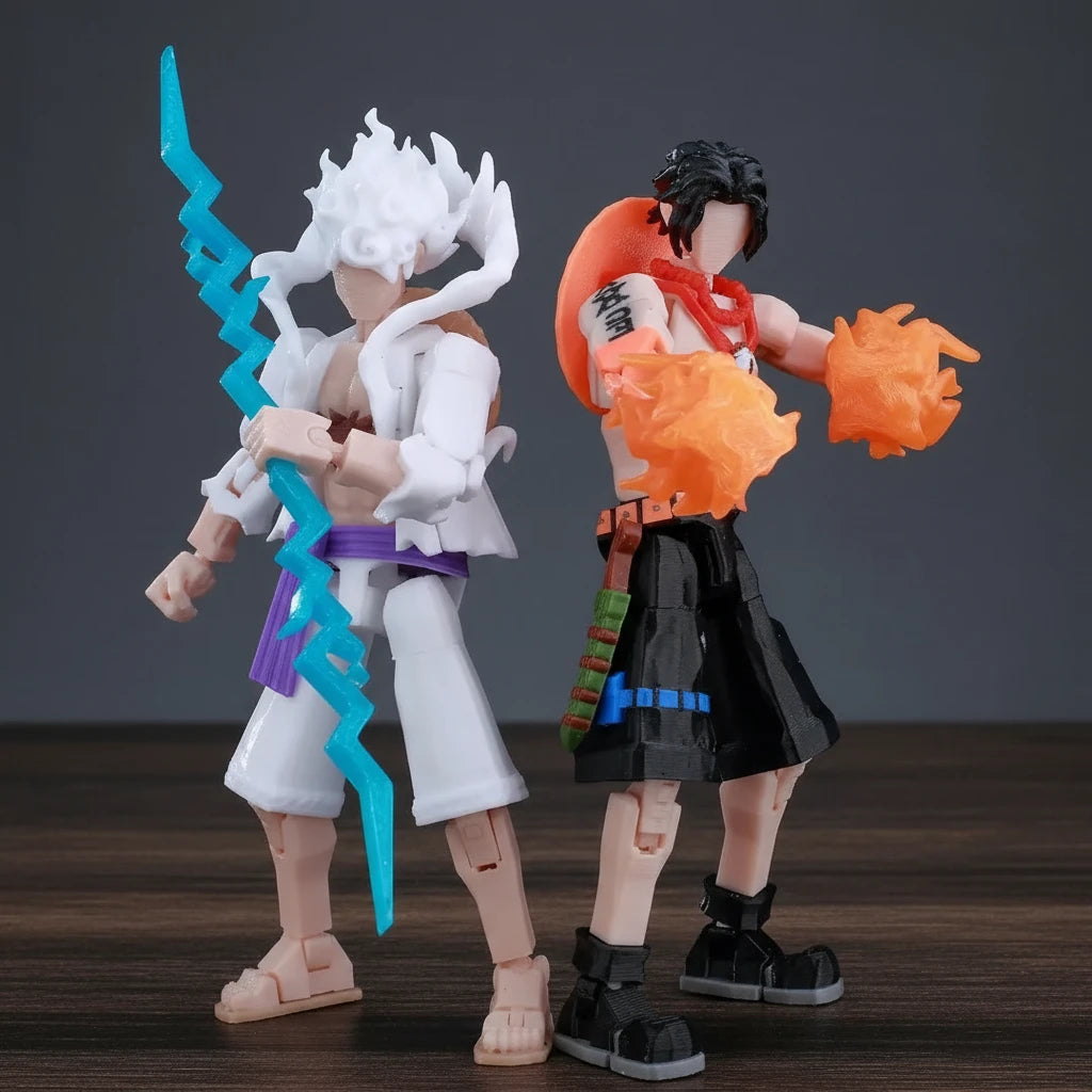 Two action figures on a textured gray background