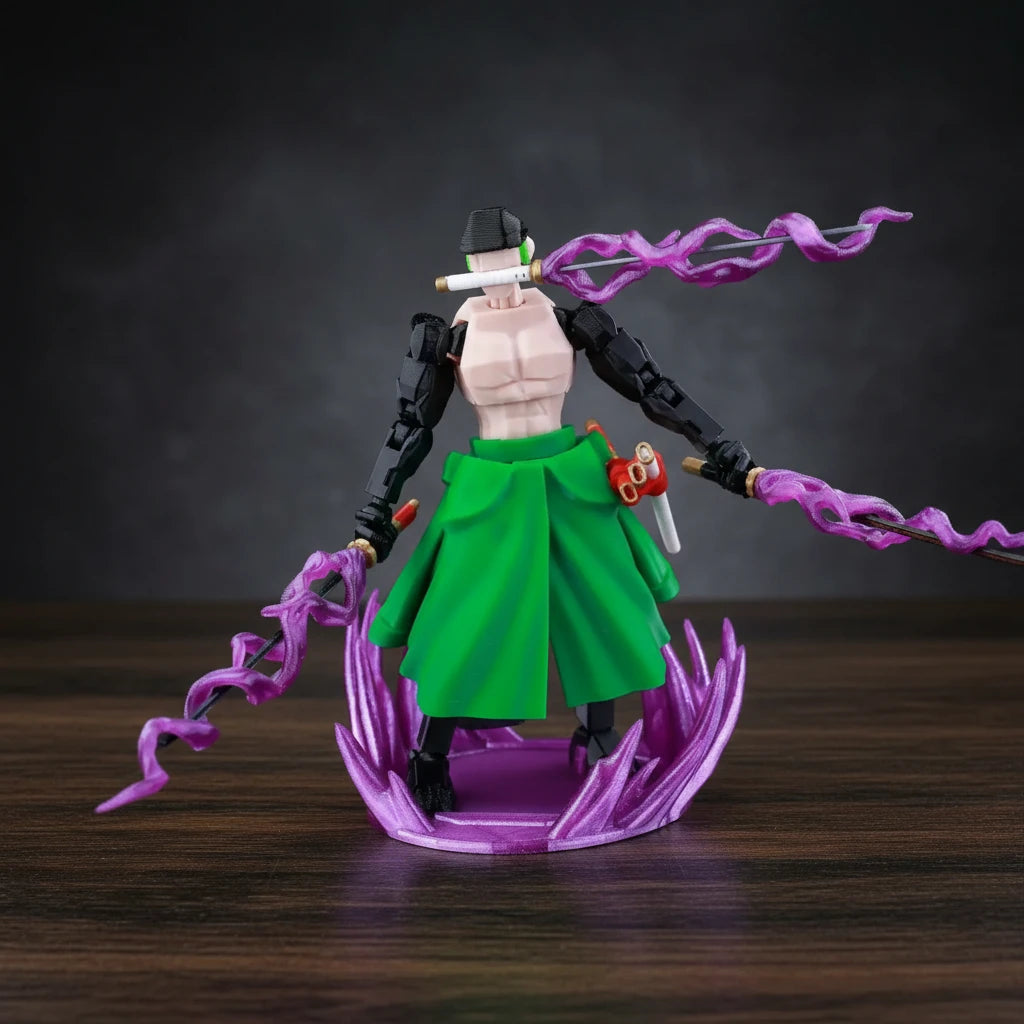 Action figure with green outfit and purple accents on a metallic background