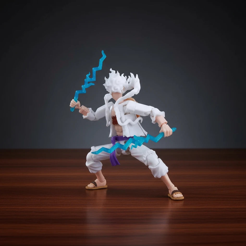 Toy figure with white hair and blue accents on a gray background