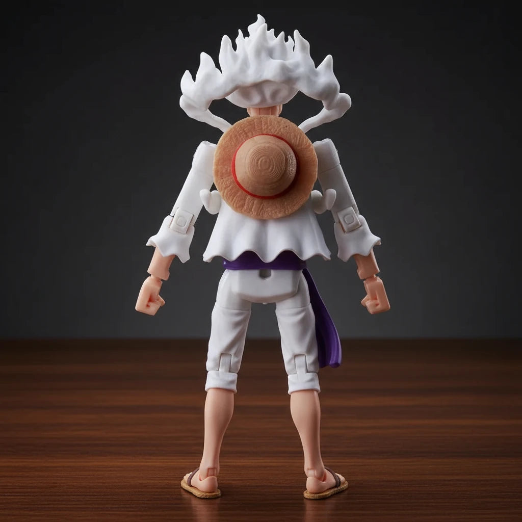 Toy figure with a white head and purple outfit on a gray background