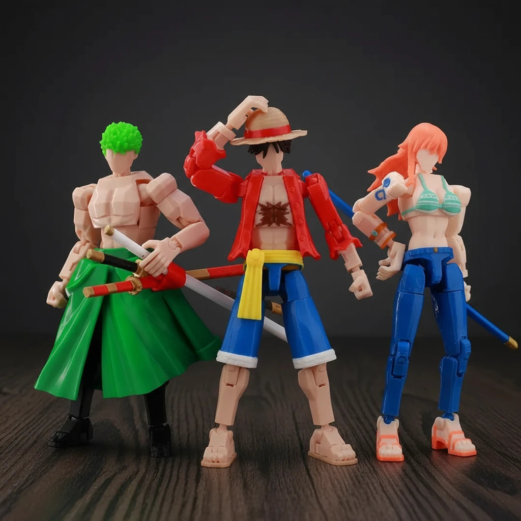 Three action figures on a gray background