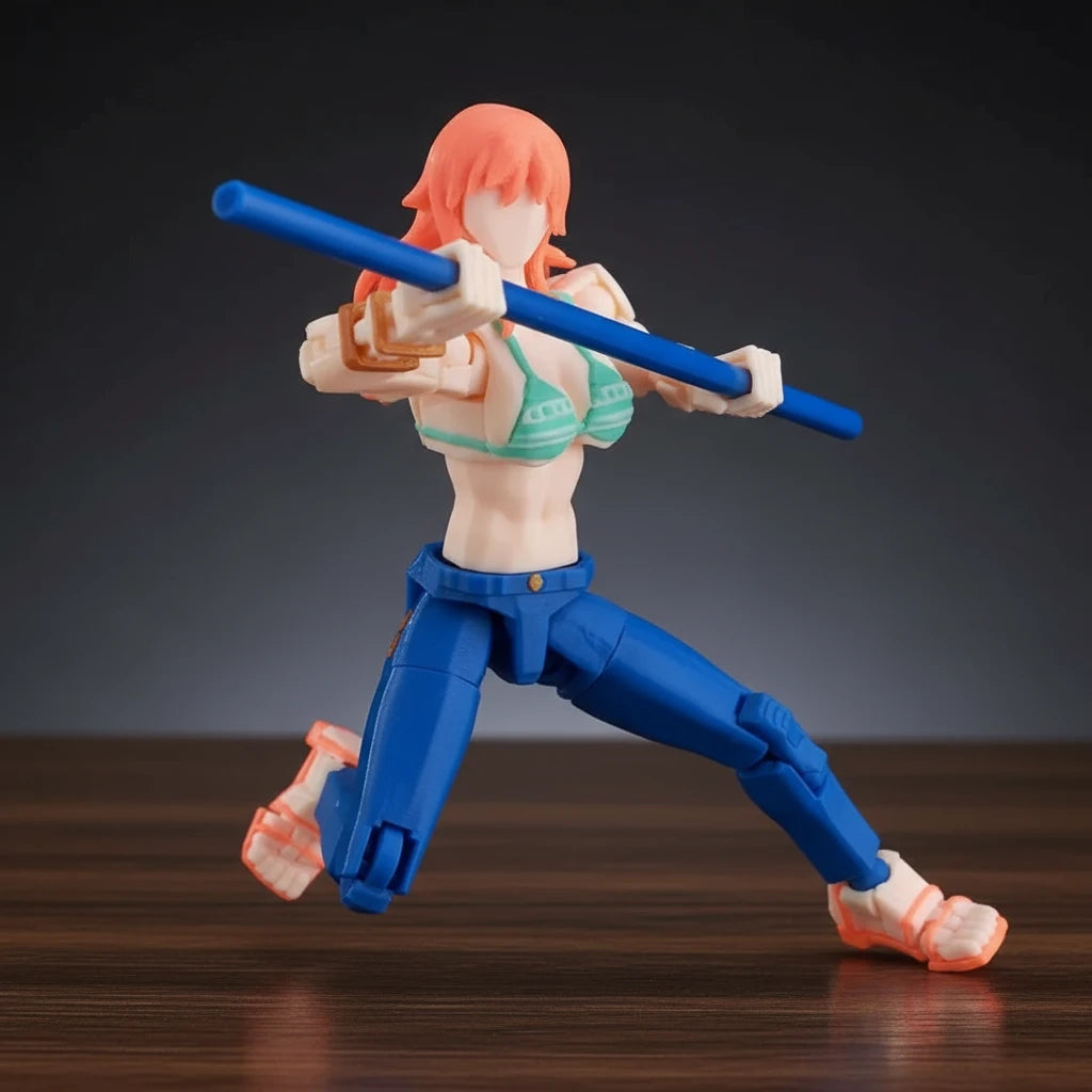 Action figure of a character in a dynamic pose with a blue weapon on a gray background